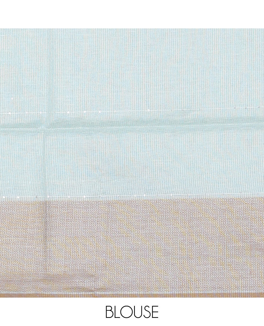 Blue sequins striped linen saree, contrast jaal patterned border & pallu of sequins stripes 