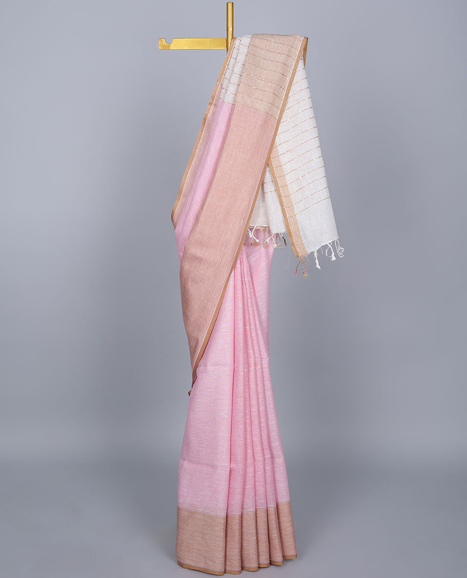 Pink sequins striped linen saree, contrast jaal patterned border & pallu of sequins stripes 