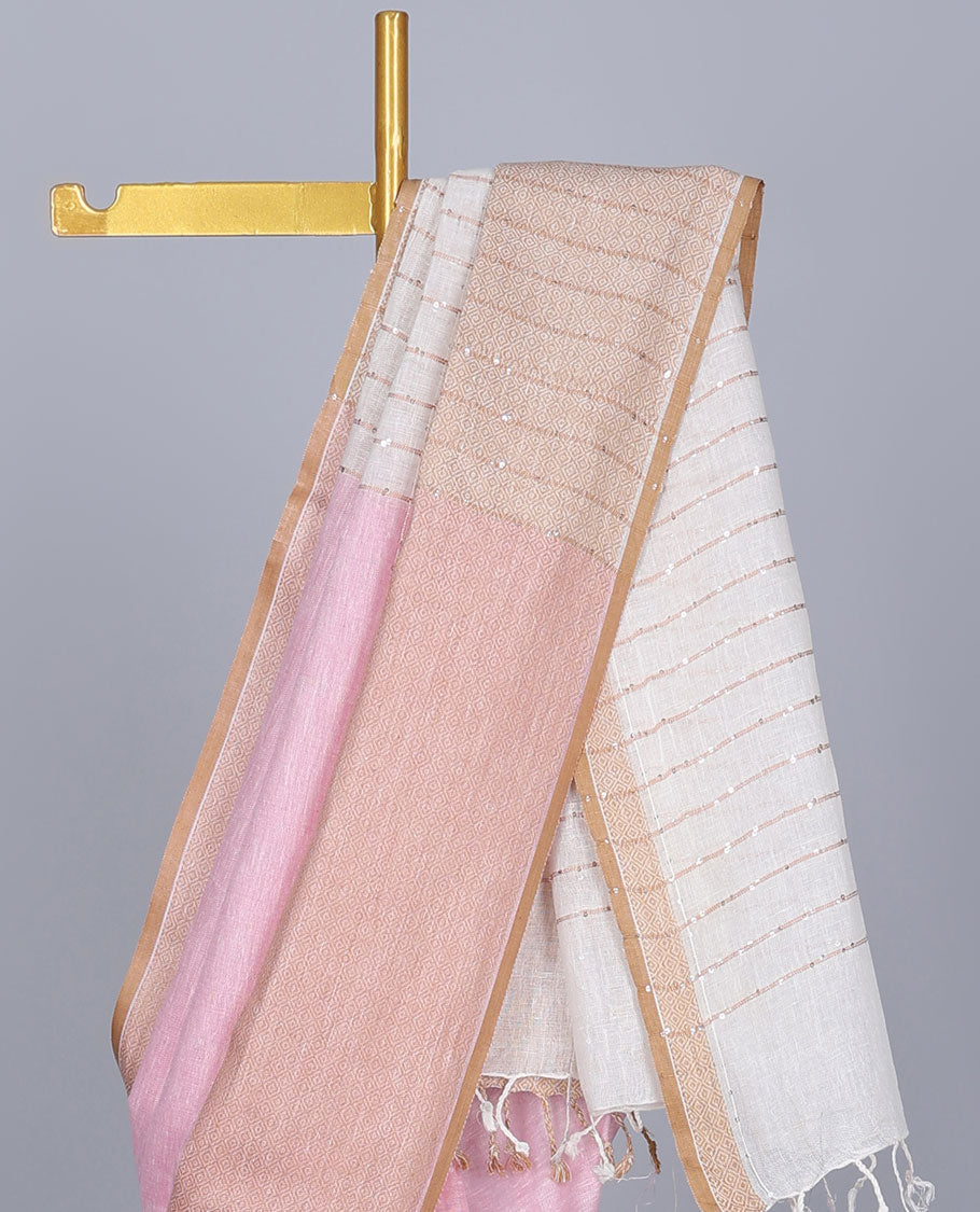 Pink sequins striped linen saree, contrast jaal patterned border & pallu of sequins stripes 