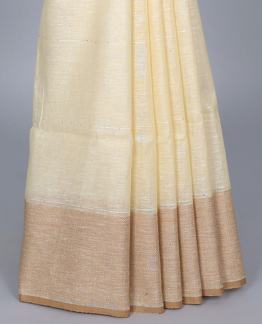 Yellow sequins striped linen saree, contrast jaal patterned border & pallu of sequins stripes 