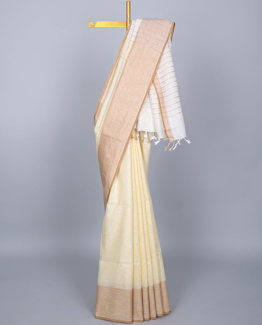 Yellow sequins striped linen saree, contrast jaal patterned border & pallu of sequins stripes 