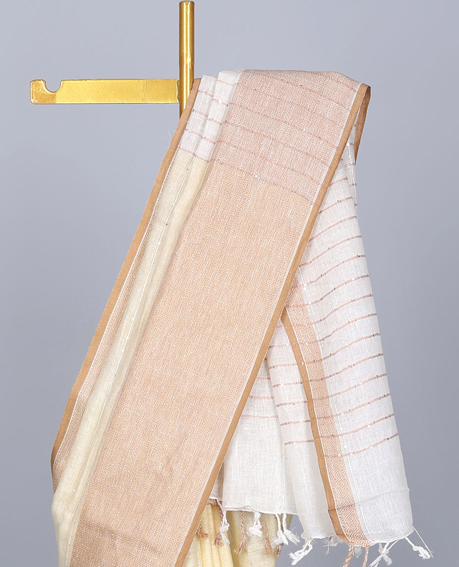 Yellow sequins striped linen saree, contrast jaal patterned border & pallu of sequins stripes 
