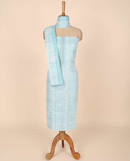 Blue material churidar set, intricate thread embroidery kota cotton top,plain bottom & floral motif embroidery dupatta