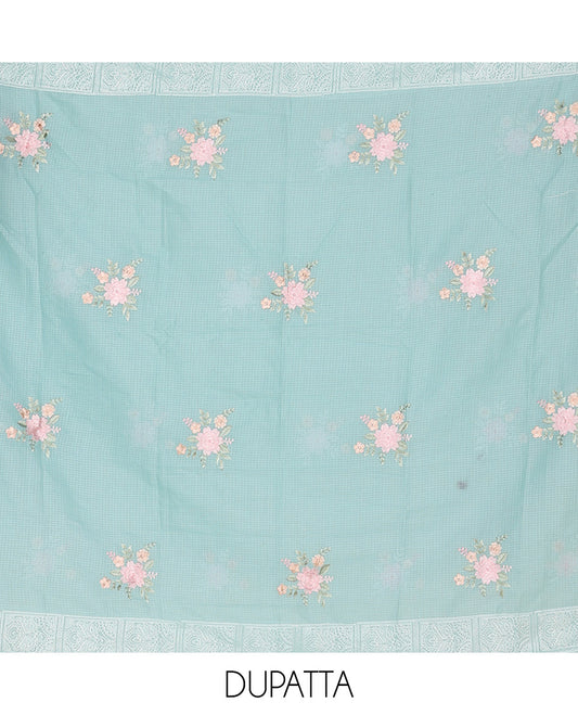 Blue material churidar set, intricate thread embroidery kota cotton top,plain bottom & floral motif embroidery dupatta