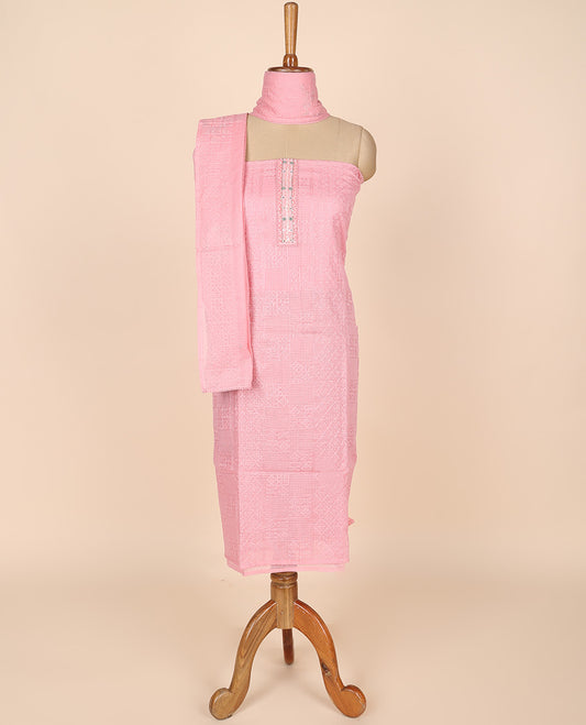 Pink material churidar set, intricate thread embroidery kota cotton top,plain bottom & floral motif embroidery dupatta