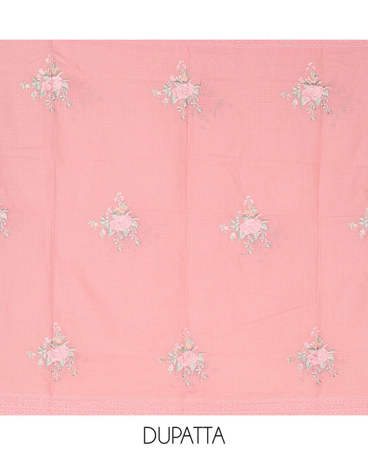 Pink material churidar set, intricate thread embroidery kota cotton top,plain bottom & floral motif embroidery dupatta