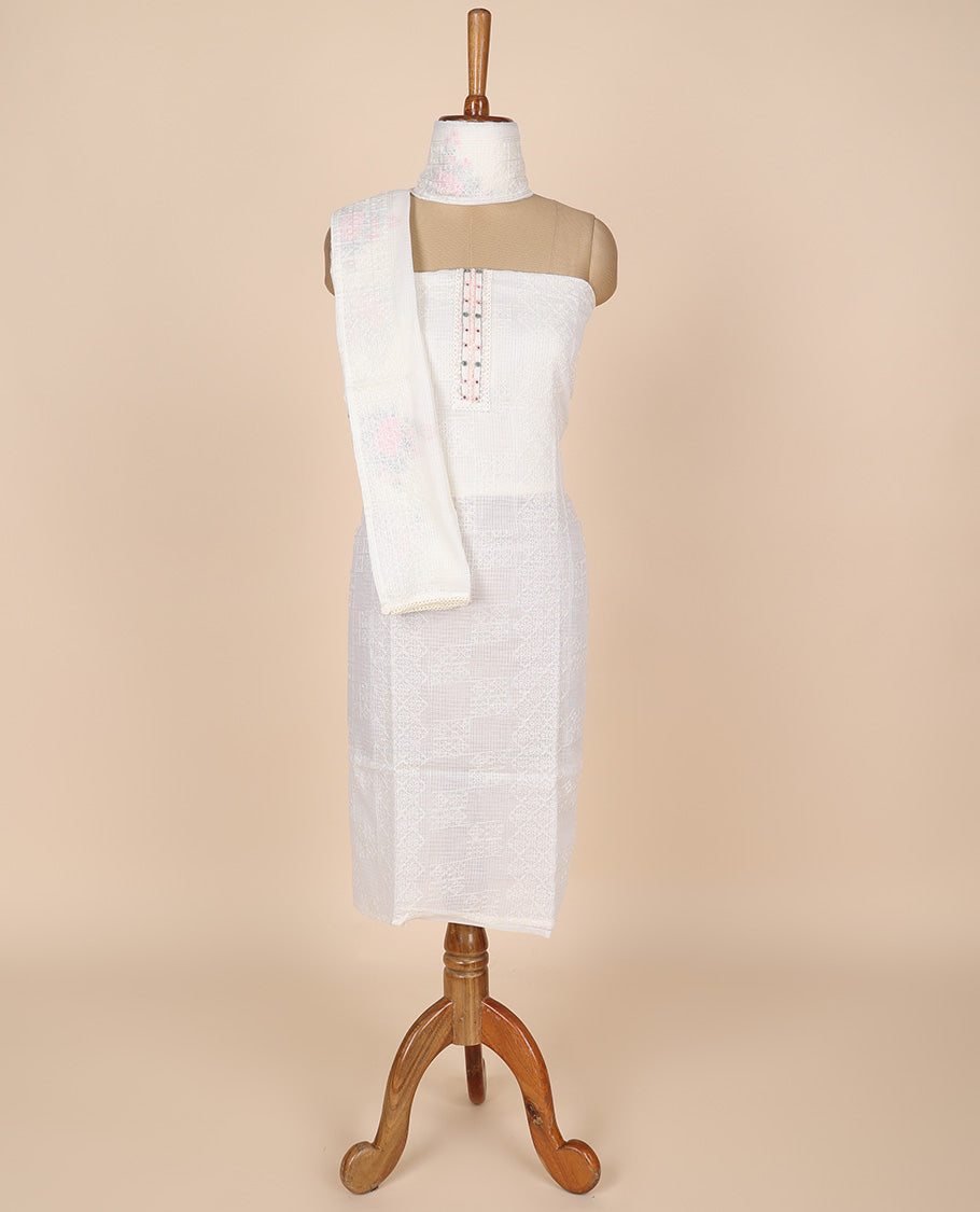 White material churidar set, intricate thread embroidery kota cotton top,plain bottom & floral motif embroidery dupatta
