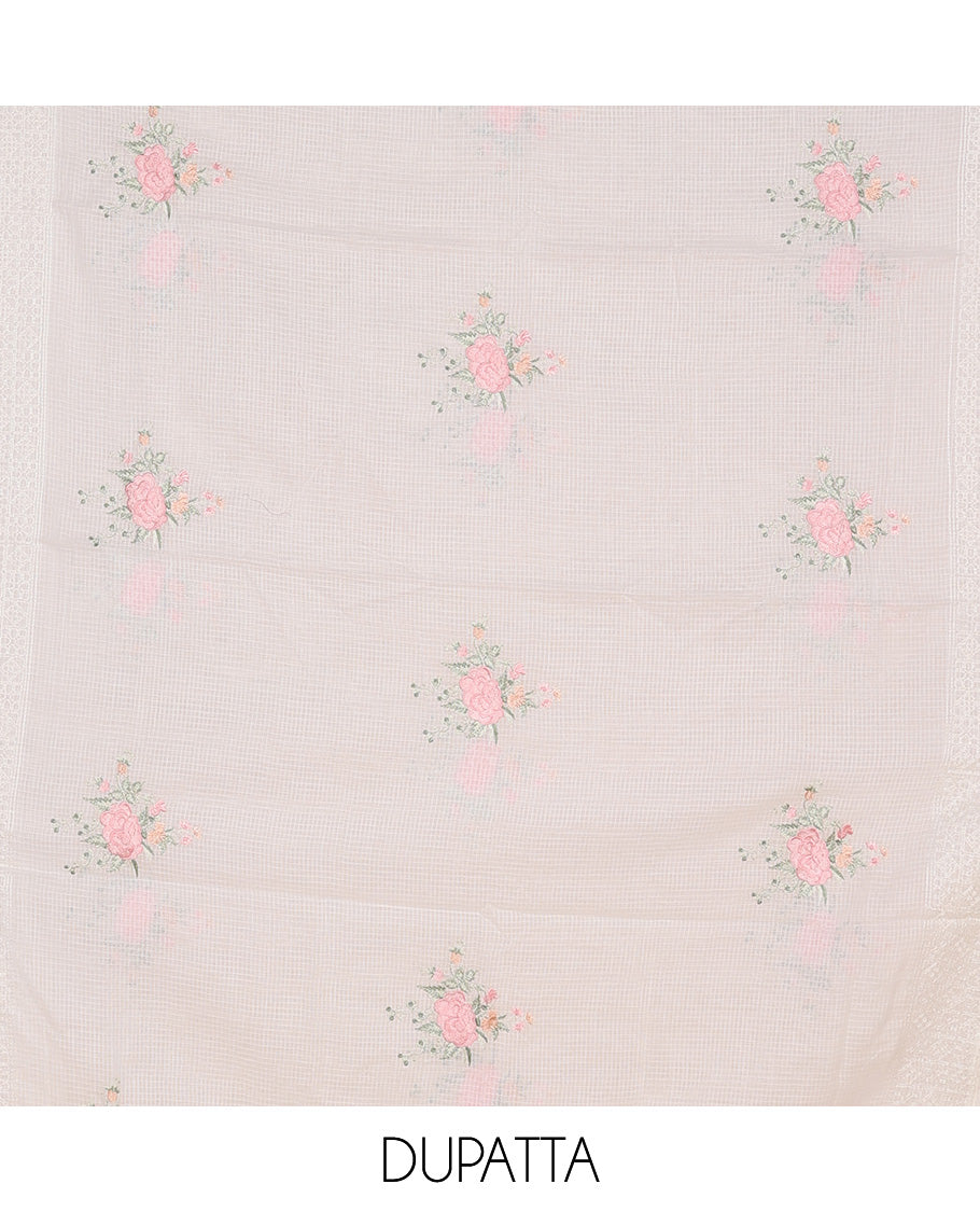 White material churidar set, intricate thread embroidery kota cotton top,plain bottom & floral motif embroidery dupatta