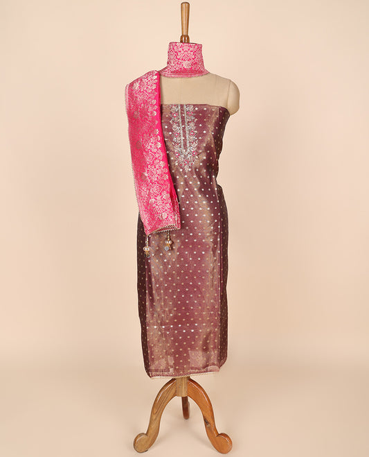 Brown material churidar set, embroidered tissue top, contrast plain bottom & banaras dupatta of intricate designs