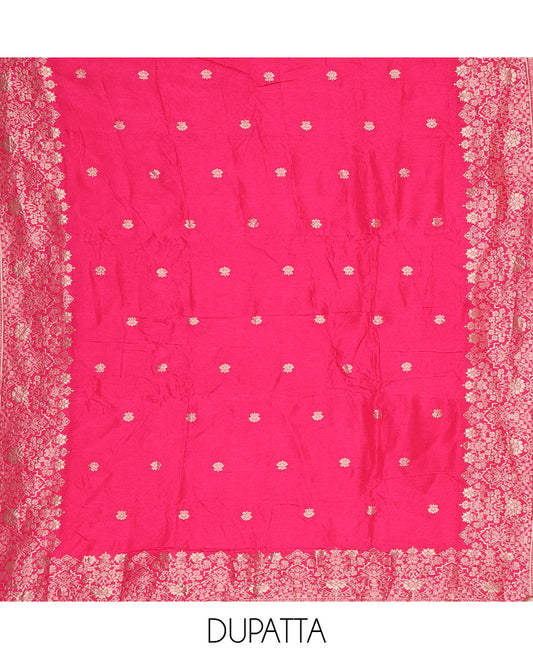 Brown material churidar set, embroidered tissue top, contrast plain bottom & banaras dupatta of intricate designs