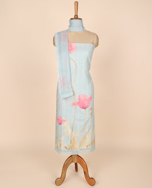 Blue material churidar set, floral print & cut work cotton top, plain bottom & abstract printed scallop chiffon dupatta 