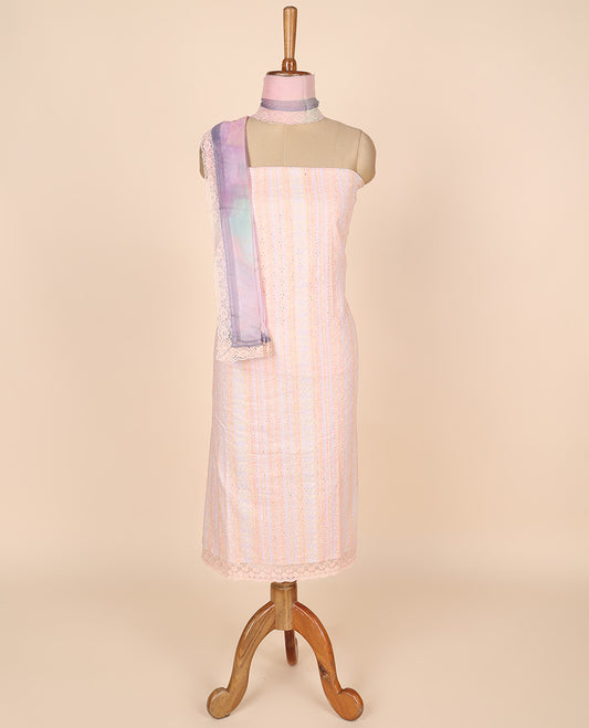 Orange material churidar set,print & cutwork cotton top,plain bottom & multi-hue floral printed scallop chiffon dupatta
