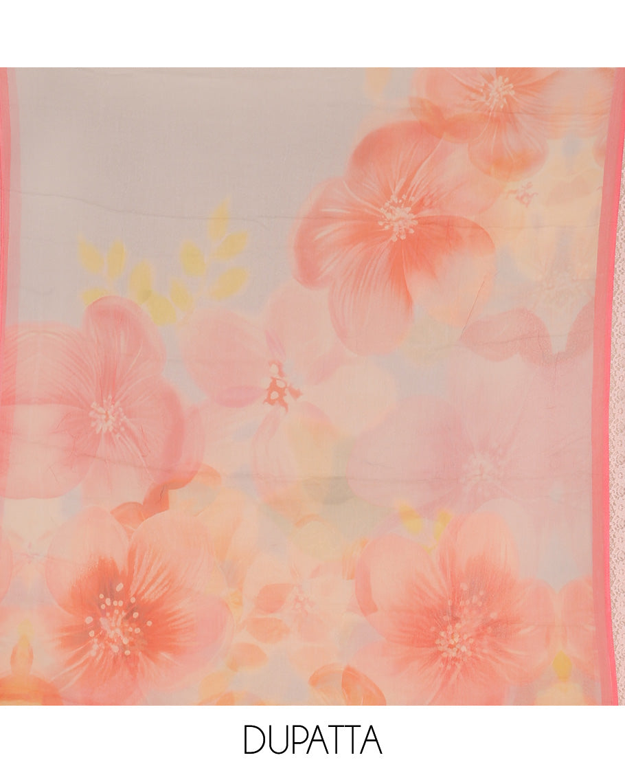 Multi-hue material churidar set,unique print & cutwork cotton top,plain bottom & floral printed scallop chiffon dupatta