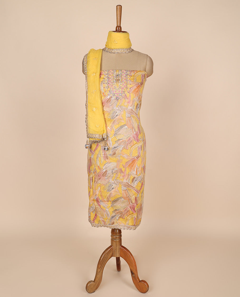 Yellow material churidar set,floral printed & embroidered rayon top,plain cotton bottom & embroidered chiffon dupatta