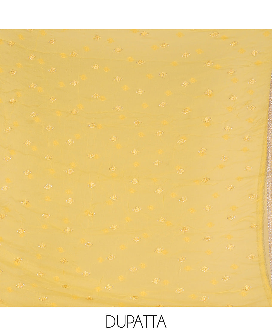 Yellow material churidar set,floral printed & embroidered rayon top,plain cotton bottom & embroidered chiffon dupatta
