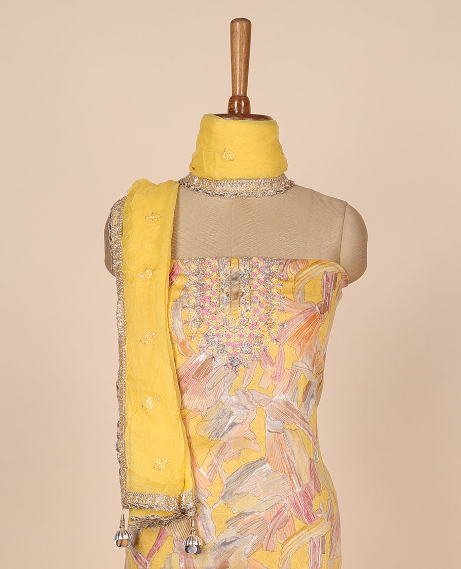 Yellow material churidar set,floral printed & embroidered rayon top,plain cotton bottom & embroidered chiffon dupatta