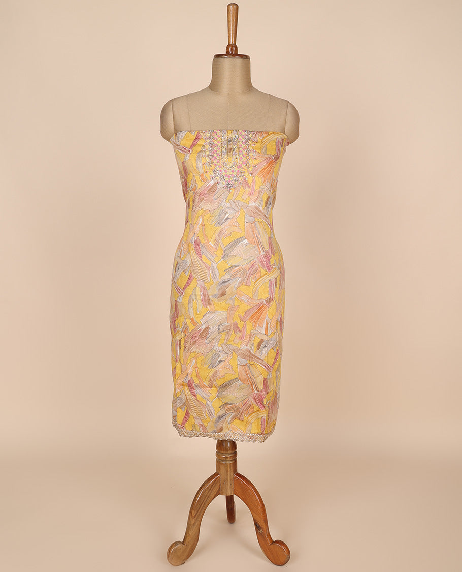 Yellow material churidar set,floral printed & embroidered rayon top,plain cotton bottom & embroidered chiffon dupatta