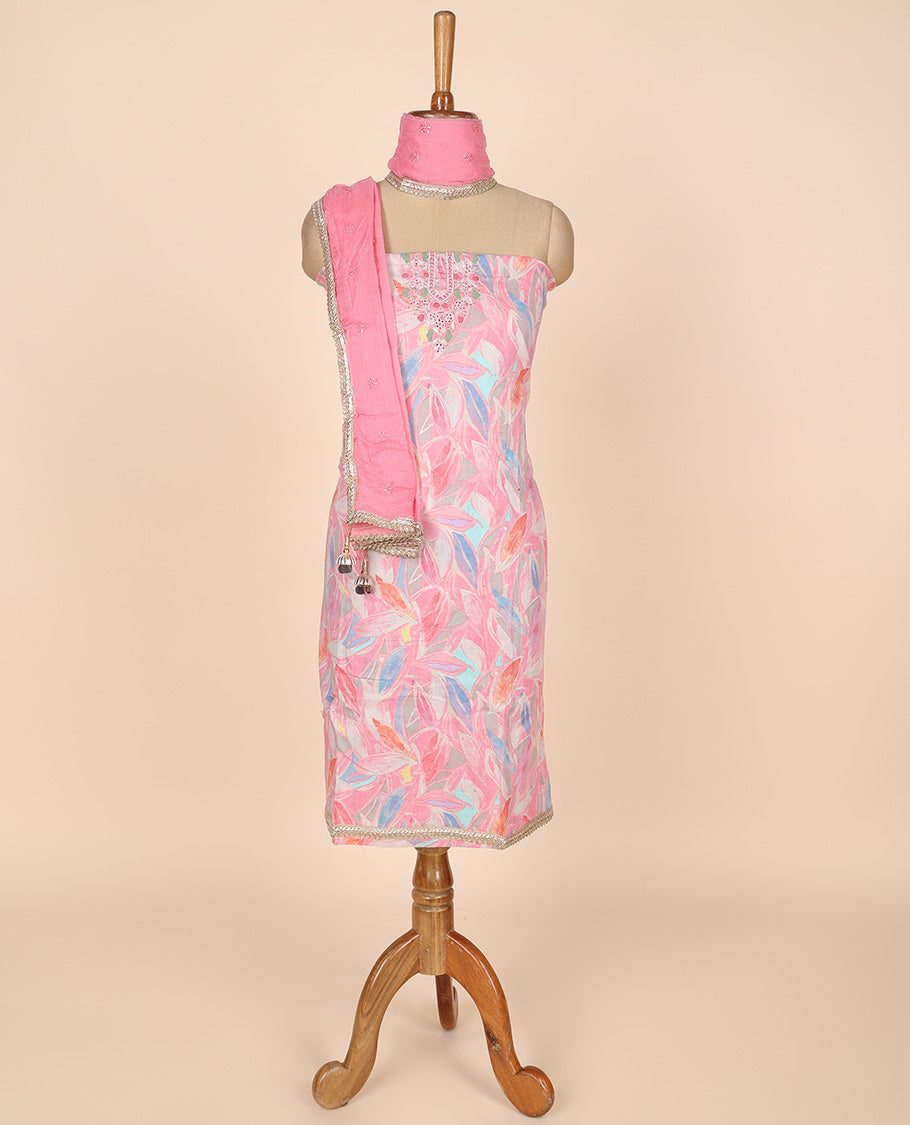 Multi-color material churidar set,abstract print & embroidery rayon top,plain cotton bottom & embroidery dupatta