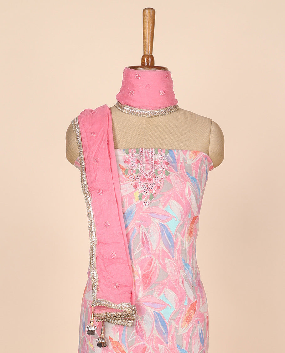 Multi-color material churidar set,abstract print & embroidery rayon top,plain cotton bottom & embroidery dupatta