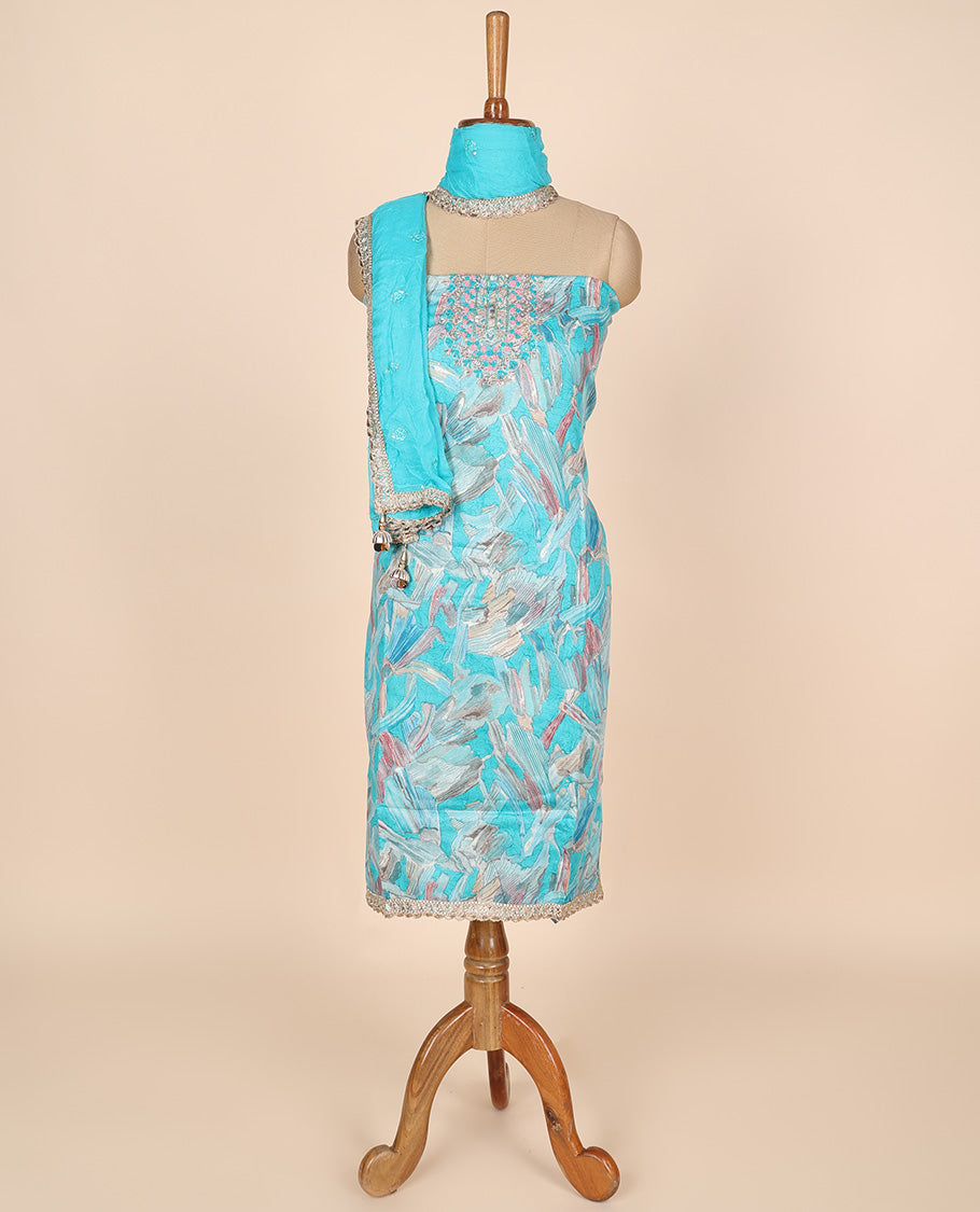 Blue material churidar set,abstract print & embroidery rayon top,plain cotton bottom & embroidery dupatta