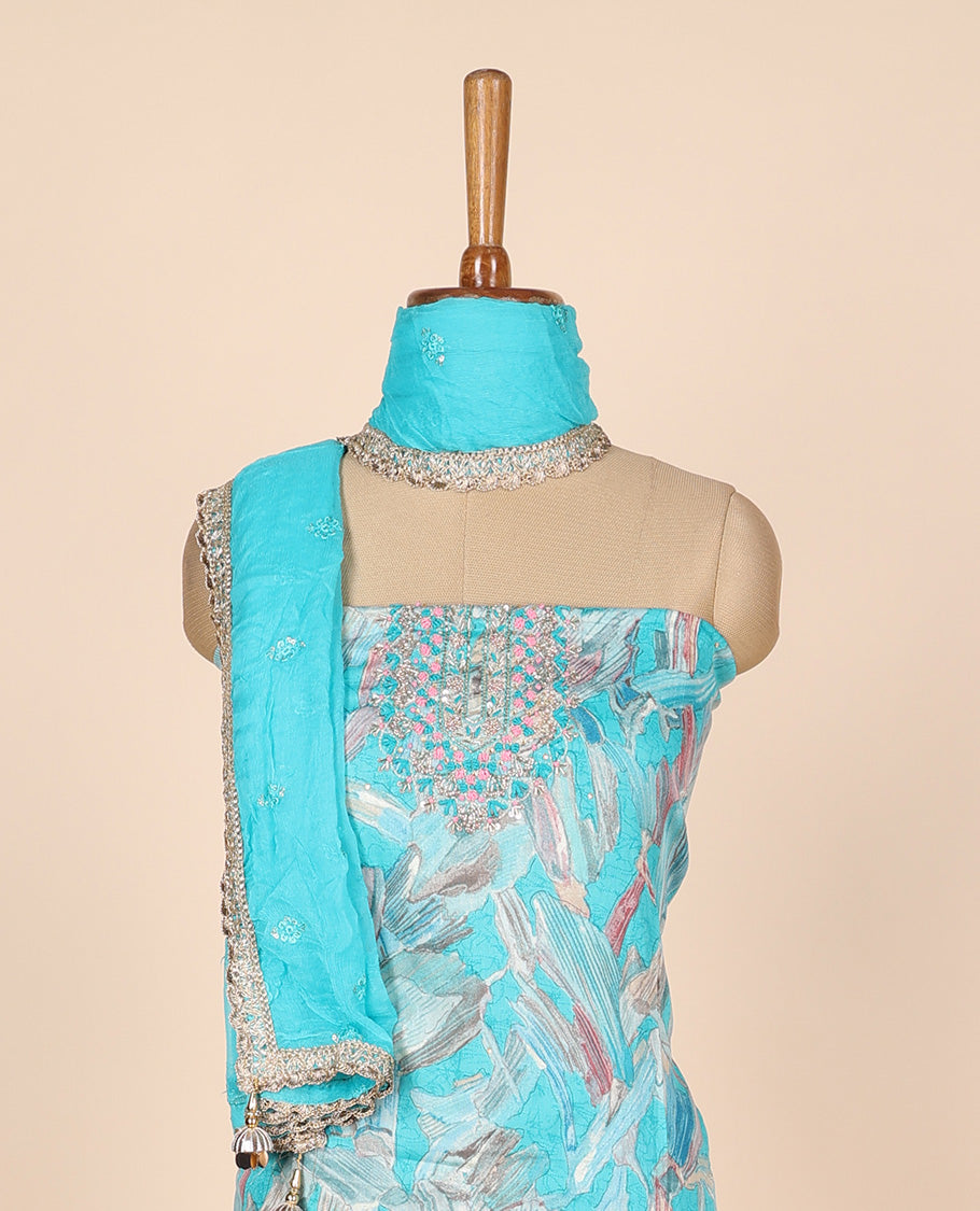 Blue material churidar set,abstract print & embroidery rayon top,plain cotton bottom & embroidery dupatta