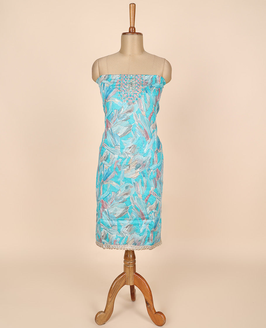 Blue material churidar set,abstract print & embroidery rayon top,plain cotton bottom & embroidery dupatta