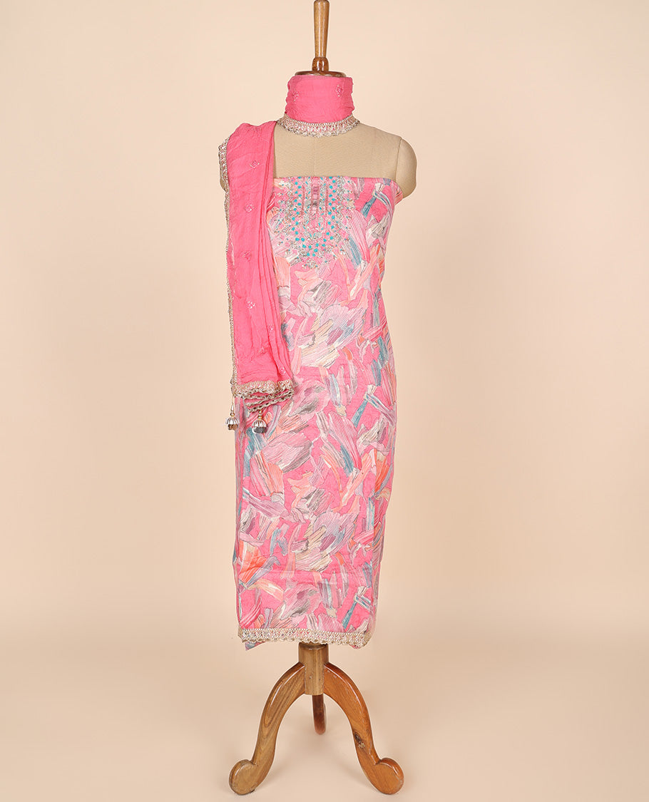 Pink material churidar set,abstract print & embroidery rayon top,plain cotton bottom & embroidery dupatta