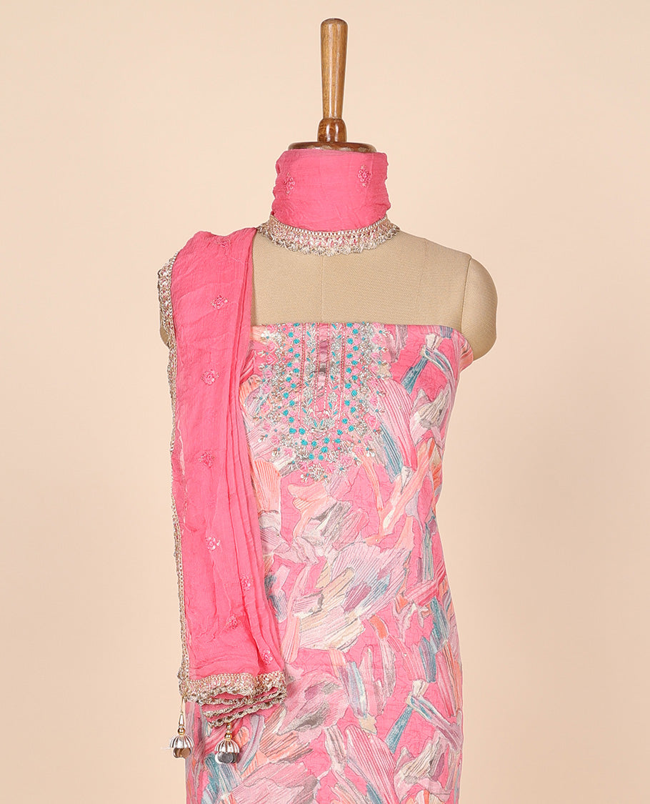 Pink material churidar set,abstract print & embroidery rayon top,plain cotton bottom & embroidery dupatta