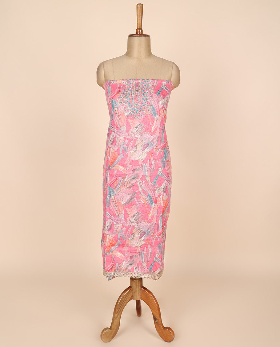 Pink material churidar set,abstract print & embroidery rayon top,plain cotton bottom & embroidery dupatta