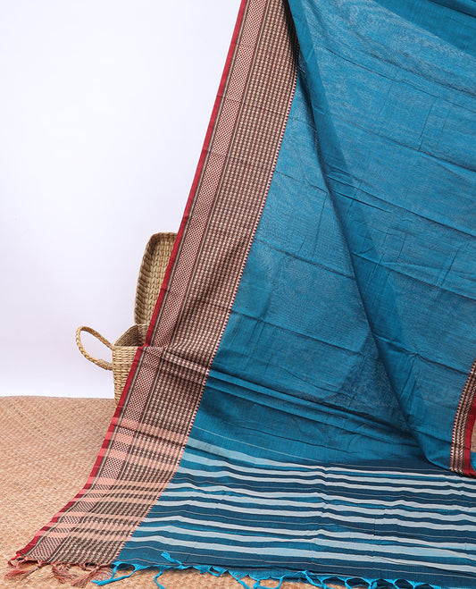 Blue plain narayanapet cotton saree, contrast traditional design thread border & pallu of stripes