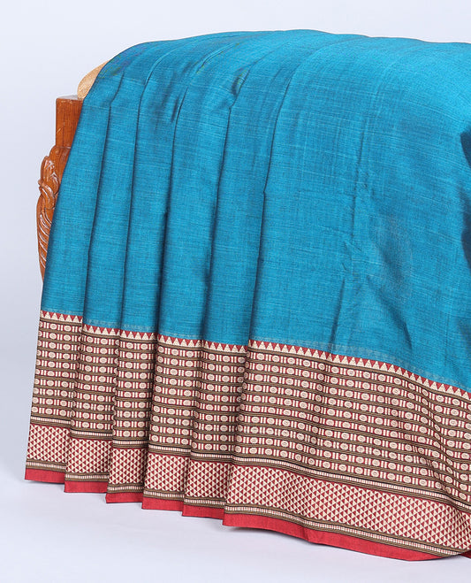 Blue plain narayanapet cotton saree, contrast traditional design thread border & pallu of stripes