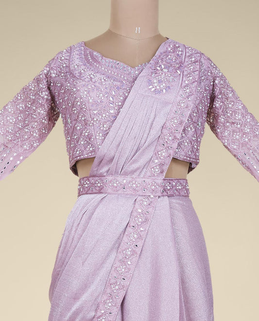Pink readymade shimmer georgette saree with embroidered border & intricate mixed embroidered full-sleeve net blouse