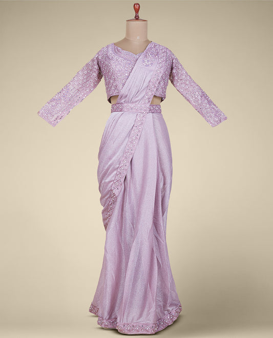 Pink readymade shimmer georgette saree with embroidered border & intricate mixed embroidered full-sleeve net blouse