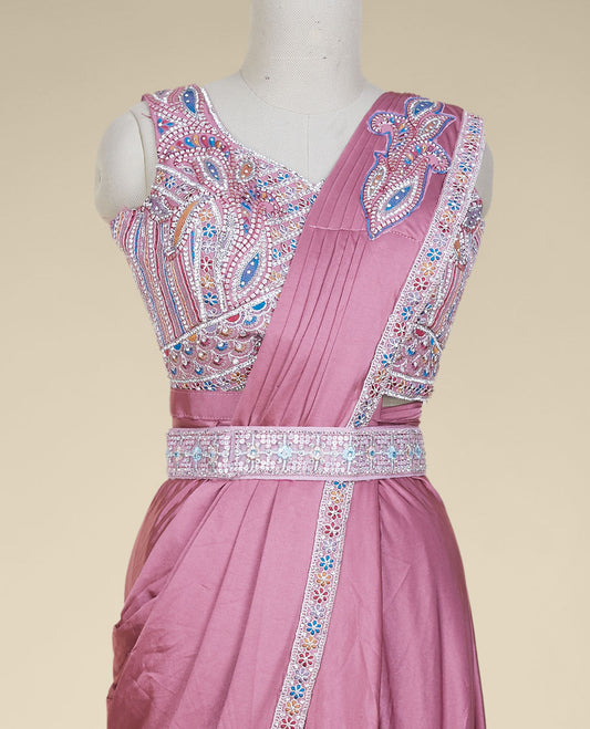 Pink plain readymade satin saree with embroidery border & intricate mixed embroidery sweetheart neck sleeveless blouse