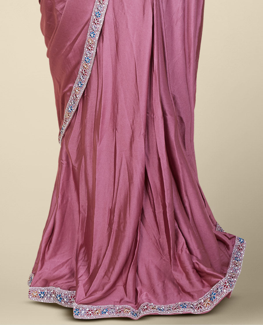 Pink plain readymade satin saree with embroidery border & intricate mixed embroidery sweetheart neck sleeveless blouse