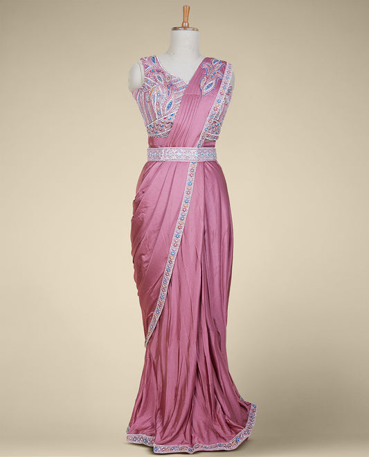 Pink plain readymade satin saree with embroidery border & intricate mixed embroidery sweetheart neck sleeveless blouse