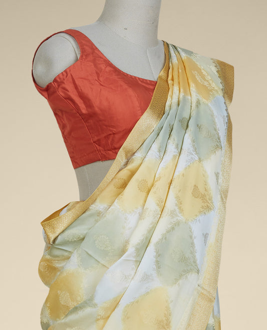 Multi-color banaras rangkat-style floral jacquard design Italian crepe saree, zari border