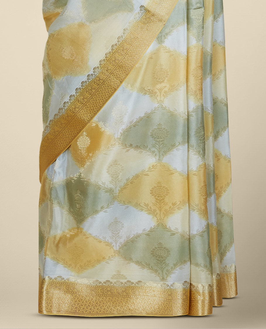 Multi-color banaras rangkat-style floral jacquard design Italian crepe saree, zari border
