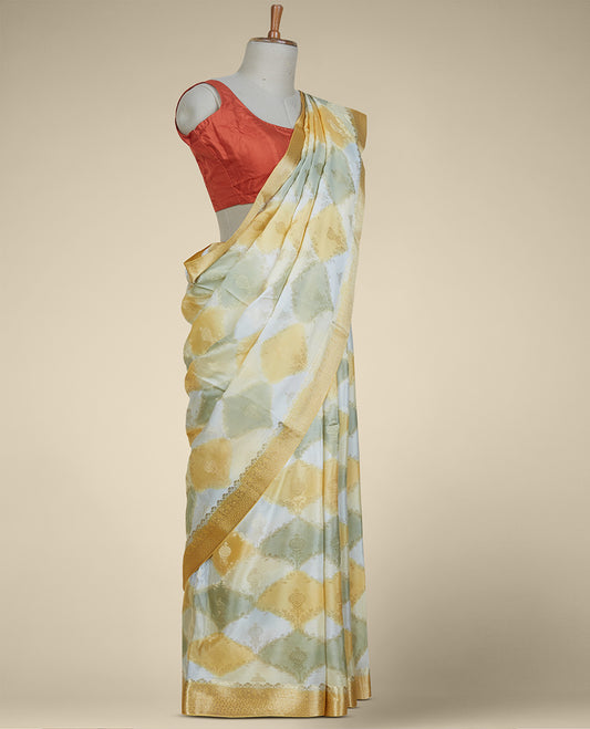 Multi-color banaras rangkat-style floral jacquard design Italian crepe saree, zari border