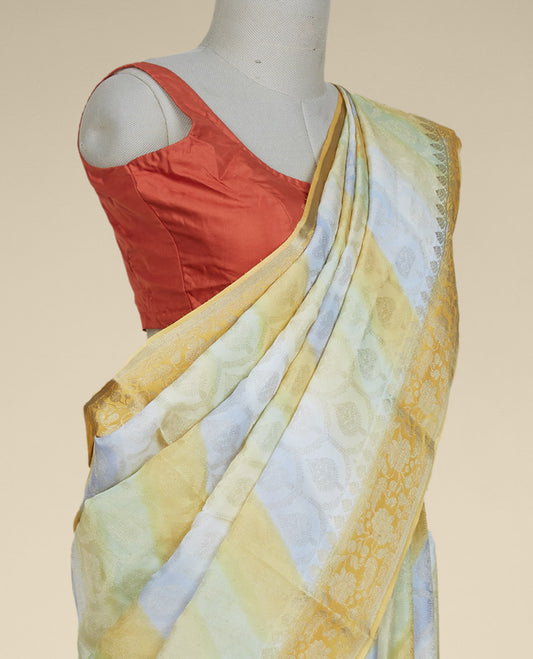 Multi-color banaras rangkat-style ogee jacquard design Italian Crepe saree, contrast floral creeper border