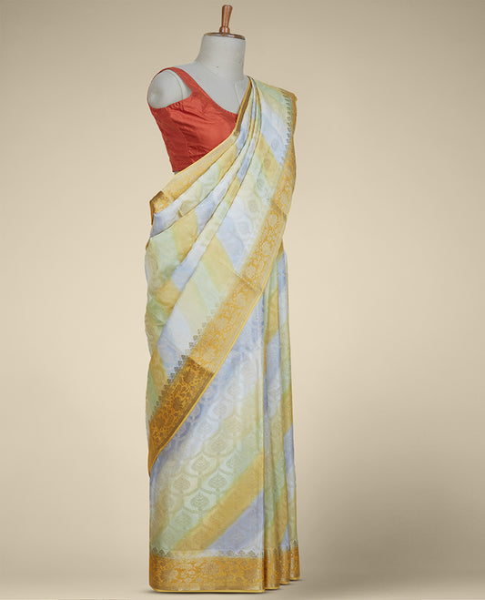 Multi-color banaras rangkat-style ogee jacquard design Italian Crepe saree, contrast floral creeper border