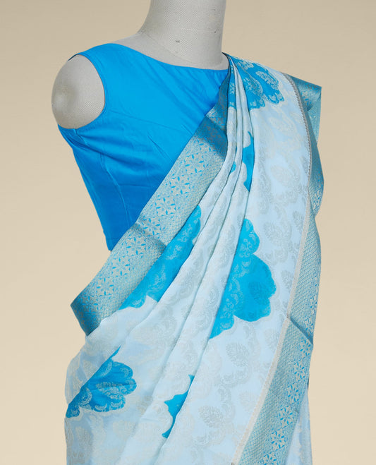 Blue floral motifs & jaal design Italian Crepe saree, contrast intricate design zari border