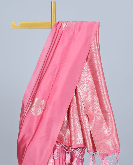 Borderless pink butter silk saree with zari buttas, self-pallu of ogee patterns
