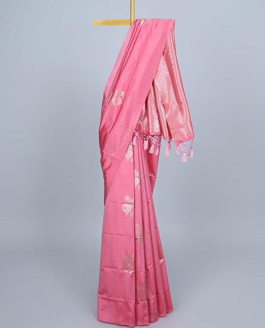 Borderless pink butter silk saree with zari buttas, self-pallu of ogee patterns