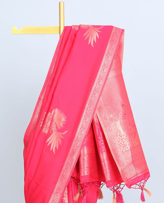 Pink butter silk saree with zari buttas, zari traditional design border & pallu of peacock designs