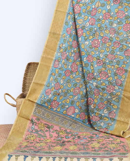 Blue floral vine hand-painted pen kalamkari silksaree, contrast vidarbha zari border & pallu of colorful floral vine