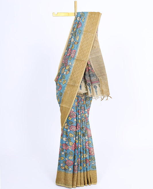 Blue floral vine hand-painted pen kalamkari silksaree, contrast vidarbha zari border & pallu of colorful floral vine