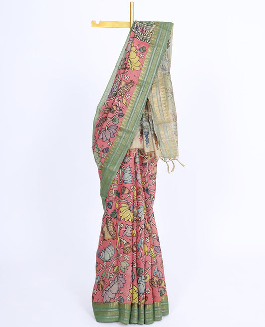 Pink floral designs hand-painted pen kalamkari silksaree,contrast traditional design border & nature-theme painted pallu