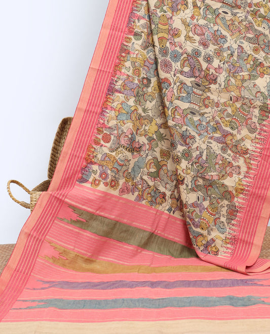 Multi-color ancient human motifs handpainted pen kalamkari silksaree,contrast vidarbha border & traditional design pallu