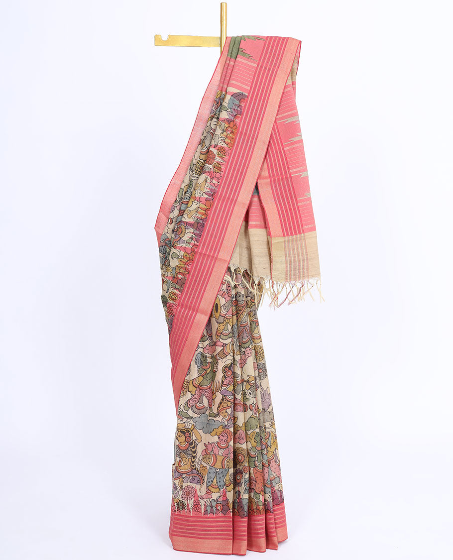 Multi-color ancient human motifs handpainted pen kalamkari silksaree,contrast vidarbha border & traditional design pallu